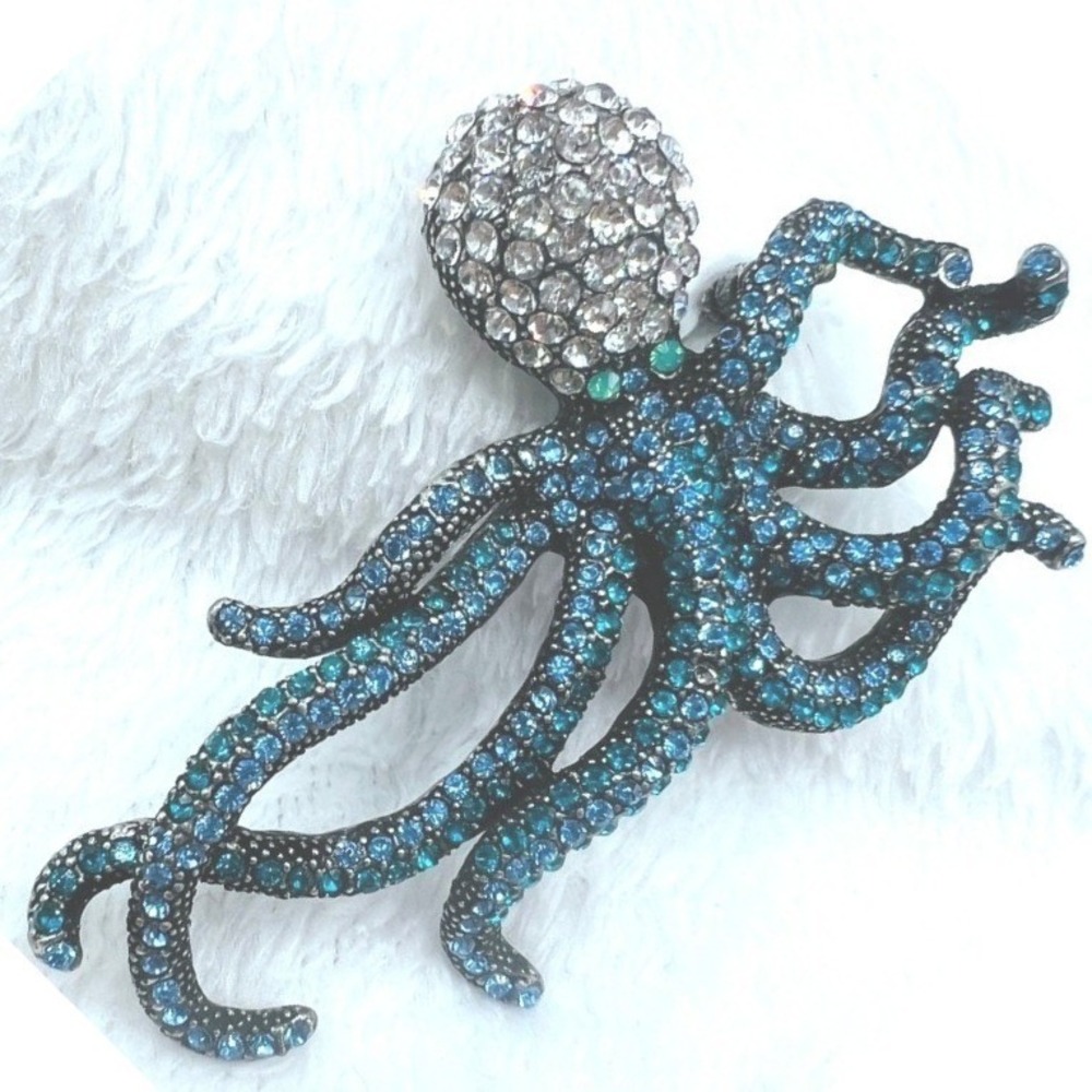 Blue Clear Rhinestone Octopus Brooch Japanned Nautical‎ Sea Life Whimsical 3X2" - Picture 6 of 6